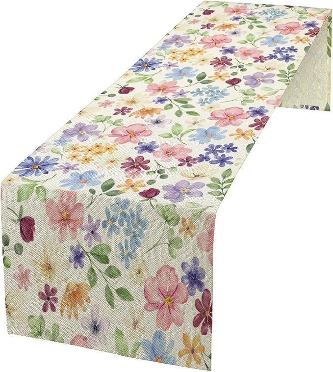 Floral Decorative Table Runner, Watercolor Floral Botanical Rustic Modern Style Pattern Printed Long Table Runner for Restaurant Kitchen Party,13in（33cm） W * 90in（229cm） L