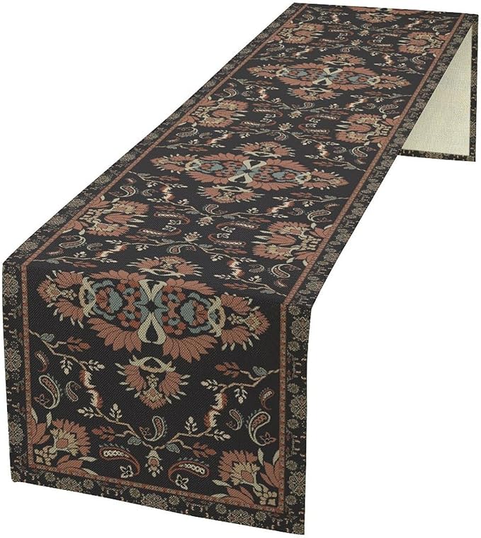 Boho Paisley Farmhouse Table Runner, Vintage Red Blue Retro Flower Rustic Country Style Floral Print Pattern for Home Kitchen Table Decor Dining Coffee Room Garden Party Decor 13x120in