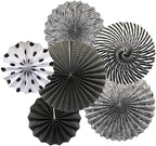 Party Hanging Paper Fans Set, Black Round Pattern Paper Garlands Decoration for Birthday Wedding Graduation Events Accessories, Set of 6