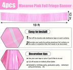4 Pack 10 Feet Macaron Pink Foil Fringe Garland Metallic Tinsel Streamers Banner Wall Hanging Curtain Backdrop for Parade Floats, Wedding, Graduate, Mother's Day, Birthday Party Decoration