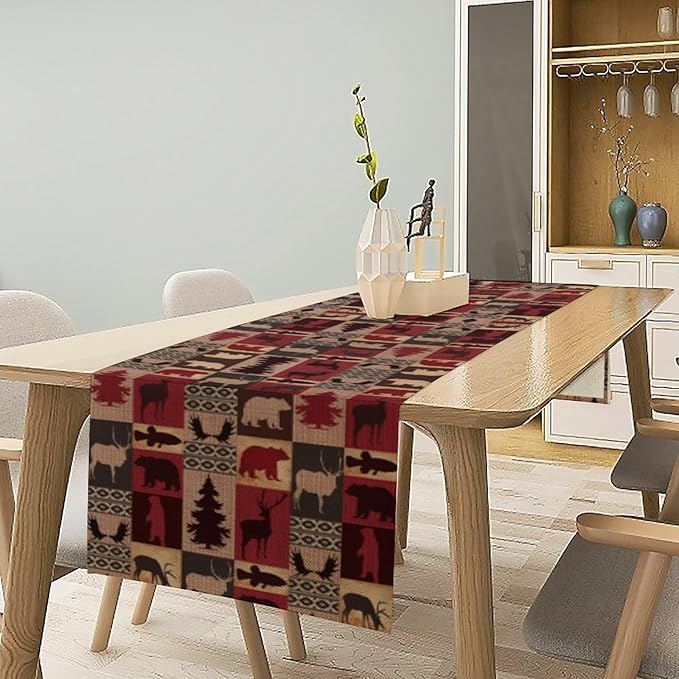 Retro Rustic Bear Table Runner, Wild Bear Cabin Pine Farmhouse Table Runner for Bedroom Kitchen Living Room Vintage Country Style Lodge 13x120 Inch