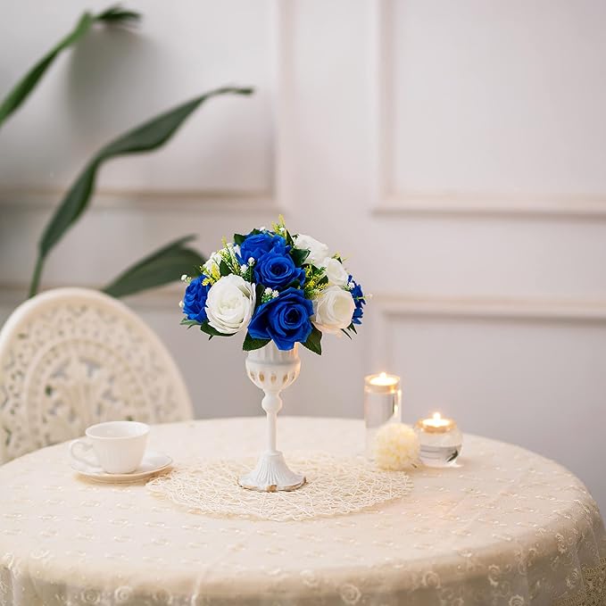 BLOSMON Rose Flowers Artificial for Decoration: 10 Pcs Royal Blue White Fake Kissing Balls for Wedding Table Centerpieces - Artificial Silk Floral Bouquet Arrangements for Home Party DIY Decor