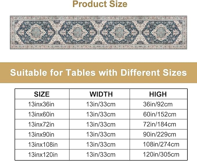 Boho Bohemia Style Table Runner, Vintage Blue Retro Flower Rustic Country Style Floral Print Pattern for Home Kitchen Table Decor Dining Coffee Room Garden Party Decor 13x36in
