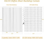 10ft x 10ft Ivory Backdrop Curtain with Lights for Baby Shower, Sheer Backdrop Curtains with Lights for Wedding, Chiffon Light Curtain Backdrops for Birthday Parties Photo Shoot (5x10ft,2 Panels)
