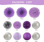 Purple and Silver Party Decorations-21PCS Happy Banner,Paper Lanterns Streamers,Tissue Pom Poms Honeycomb Flower Fan, Baby Bridal Shower Wedding Retirement Bachelorette Hanging Supplies Decor