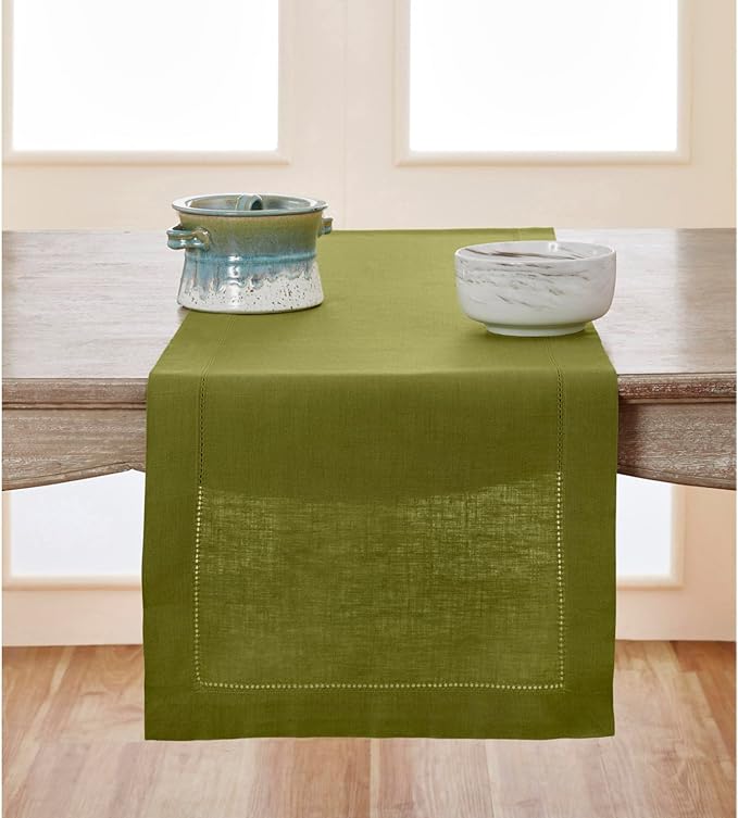 Solino Home Linen Avocado Green Table Runner 90 Inches Long - 100% Pure Linen Hemstitch 14 x 90 Inch Table Runner for Dining, Fall, Autumn, Thanksgiving - Classic Hemstitch