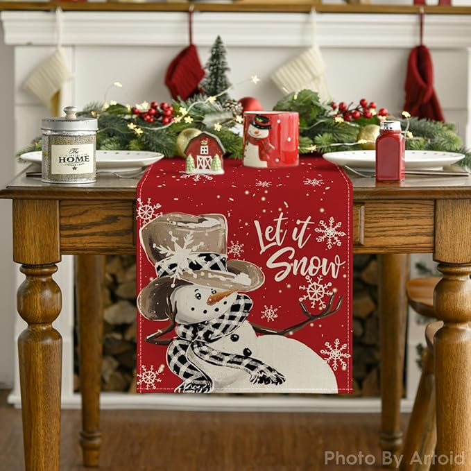 Artoid Mode Red Snowman Snowflake Let it Snow Winter Table Runner, Seasonal Christmas Kitchen Dining Table Decoration for Home Party Decor 13x60 Inch
