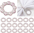 20Pcs Pearl Napkin Rings, Pink Beaded White Silver Round Buckles, Set of 6, Wedding and Formal Dinner Table Decor (20, Pink)