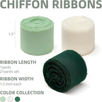 3 Rolls Cream White & Sage Green Handmade Chiffon Ribbon,1.5" x 21Yd Frayed Fringe Silk Ribbons (3 Rolls *7Yd) for Gifts Wrapping, Wedding Invitations, Bridal Bouquets, Decorations