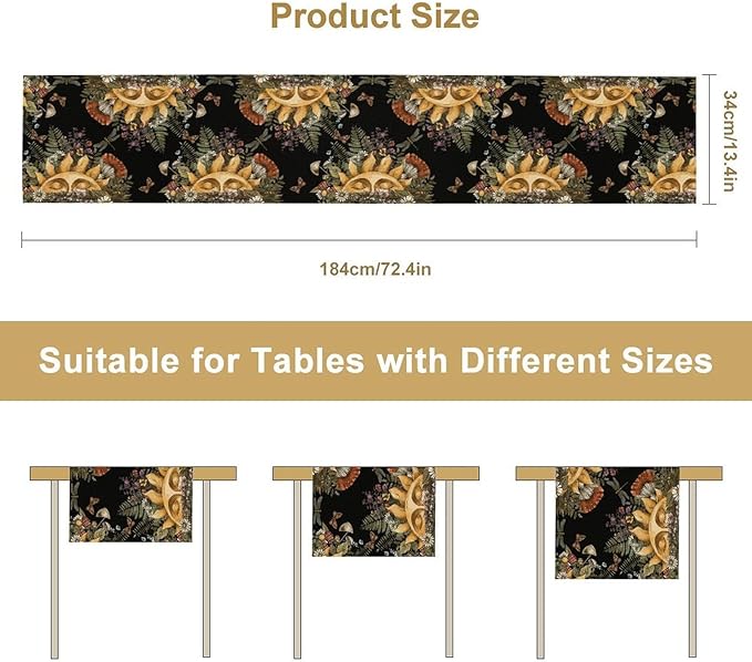 Sun Moon Table Runner, Bohomian Mushroom Daisy Table Gothic Dragonly Butterfly Table Center Decor Table Runner for Indoor Outdoor Party Kitchen Dinner Black, 13x120 Inch