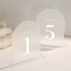 UNIQOOO Frosted Arch Wedding Table Numbers with Stands 1-30, 5x7" Acrylic Display Signs and Holders, Pack of 30, Perfect for Centerpiece, Reception, Decoration, Party, Anniversary, Event