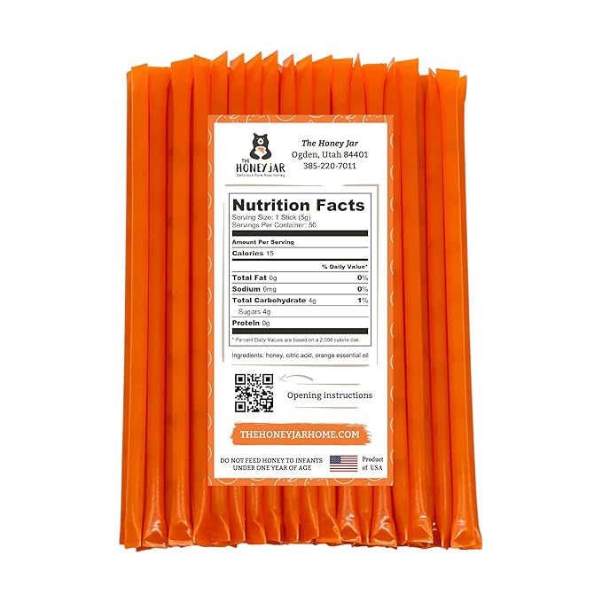The Honey Jar Orange Flavored Honey Sticks - Pure Honey Straws For Tea, Coffee, or a Healthy Treat - One Teaspoon of Flavored Honey Per Stick - Made In The USA with Real Honey - (50 Count)