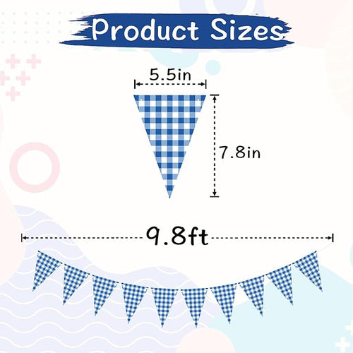 2 Pieces Blue Checkered Flags Banner, Double Sided Blue and White Gingham Bunting Garland for Summer BBQ Picnic Wedding Baby Shower Birthday Party Decorations Supplies