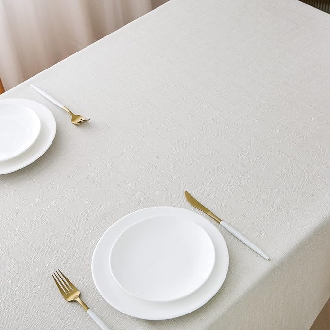 NLMUVW Linen Tablecloth Rectangle Faux Linen Textured Table Cloth Waterproof Wrinkle Resistant Farmhouse Decorative Table Cover for Kitchen Dining and Party, White, 54 x 90 Inch