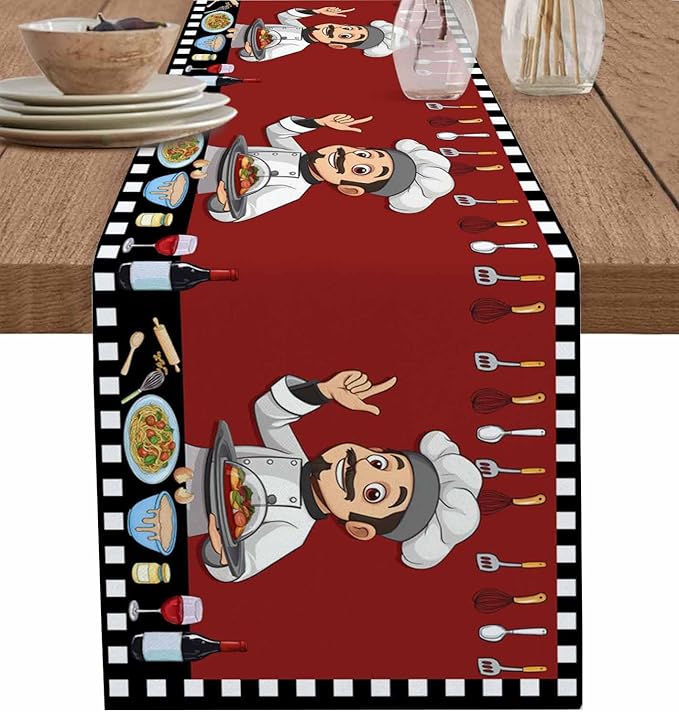 Red Chef Gourmet Cotton Linen Table Runner for Dining Kitchen, Wedding Outdoor Party Tablerunners Decoration, Black White Check Plaid Funny Kitchen Dresser Scarf Coffee Tablecloth Runners 13x90 Inches