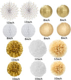 White Gold Party Decorations Streamers - 14pcs Christmas Wedding Engagement Paper Lanterns Fan,Tissue Pom Poms,Honeycomb Balls,Bachelorette Neutral Birthday Baby Bridal Shower Decor Lasting Surprise
