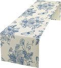 Monochrome Sketch Flowers Table Runner, Seasonal Spring Fall Plants Blue Florals Butterfly Dinner Runner for Home Kitchen Dining Table Party Holiday Decoration 13"x90"
