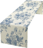 Monochrome Sketch Flowers Table Runner, Seasonal Spring Fall Plants Blue Florals Butterfly Dinner Runner for Home Kitchen Dining Table Party Holiday Decoration 13"x90"