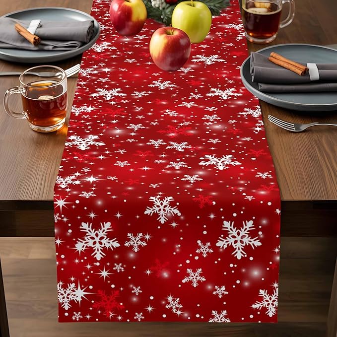 Christmas Snowflakes Cotton Linen Table Runner for Dining Kitchen, Red Xmas Winter Snow Wedding Outdoor Party Tablerunners Decoration, New Year Dresser Scarf Coffee Tablecloth Runners 13x36 Inches