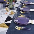 KIRE 140Pcs Purple Plastic Plates with Gold Rim& Gold Disposable Plastic Silverware with Handle&Clear Cups&Hand Napkin- Geometric Purple Plastic Plates for Parties & Mardi Gras plates