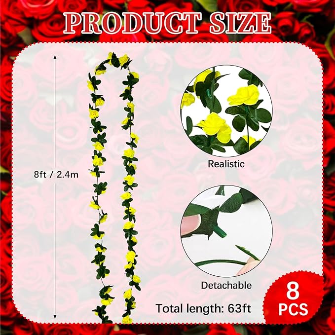 8Pcs 63Ft Yellow Rose Garland, Fake Rose Hanging Flowers, Artificial Flower Vine, Hanging Floral Vine Garland for Wedding, Birthday Party, Wall Arch, Halloween, Christmas Garden Backdrop Decor
