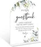 Greenery Audio Guest Book Sign, 6 x 8 Inch White Arch Acrylic Wedding Sign with Holder, Wedding Sign for Ceremony and Reception, Wedding Decoration, Wedding Supplies - LY29