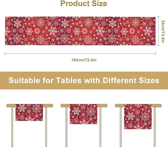 Snowflakes Christmas Table Runner, Winter Holiday Red Table Cloth Kitchen Dining Table Decoration for Home Party Decor 13x108 Inch