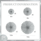 20 Pcs Silver Grey Hanging Paper Fan, Hanging Honeycomb Round Paper Fans for Weddings, Birthdays, Christmas, Baby Showers, Classroom, Events Ceiling Party Supplies Decorations