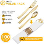400PCS Pre Rolled Gold Plastic Silverware Sets - Heavy Duty Hammered Gold Cutlery Include 100 Pack Wrapped Disposable Utensils with Napkins for Parties, Dinners & Weddings