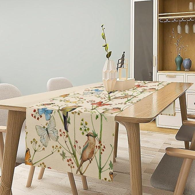 Brown Bird Floral Table Runner Spring Flower Kitchen Table Decoration Suitable for Family Dinner Decoration 13x70 Inch