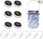 VOOKRY 6 Pack Solar Mason Jar Lights, 30 LED Mason Jar Lids Waterproof Firefly Fairy String Lights with 6 Hangers(No Jars), for Outdoor Patio Garden Yard Lawn Party Wedding Decoration - Cool White