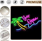 Bar Open Sign for Business, Neon Open Sign, USB Dimmable Palm Tree Neon Lights for Beer Bar Coffee Cafe Home Pub Man Cave Stores Hotel Party Window Wall Decor Restaurant
