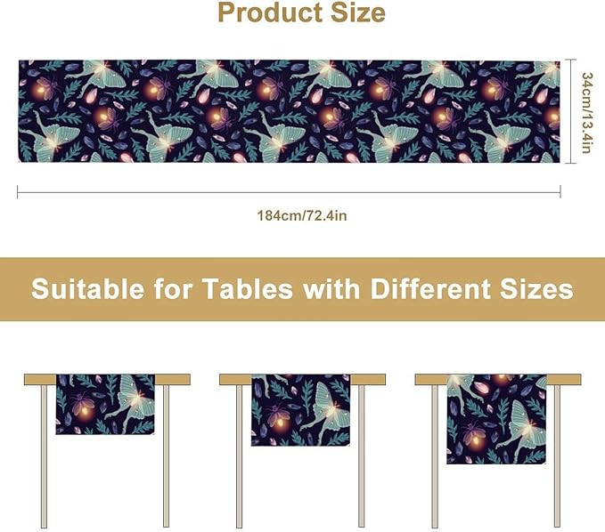 Moth Table Runner, Retro Boho Aesthetic Blue Moth Magic Table Runner for Home Kitchen Dining Party Indoor Outdoor Decoration 13x36 Inch