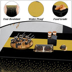 4Pack Black and Gold Tablecloths for Events, 54" x 108" Plastic Table Cloth Disposable for Rectangle Tables, Waterproof Table Cloth Cover for New Years Eve Decorations Holiday Birthday Wedding Dining