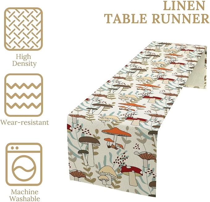 Mushroom Table Runner, Vintage Nature Plant Table Runner for Farmhouse Kitchen Dining Table Decoration for Home Party Decor 13x120 Inch
