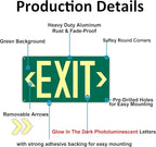 3Pack Photoluminescent Exit Sign Green - 14.25"x 7.5" Aluminum - Adhesive Backing- Includes 6pcs Removable Arrows - Glow In The Dark Exit Signs