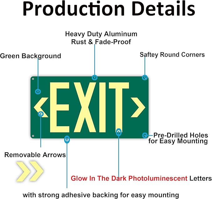 1Pack Photoluminescent Exit Sign Green - Aluminum -14.25"x 7.5" Glow In The Dark Adhesive Backing- Includes 2pcs Removable Arrows- Non Electrical Green Exit Light