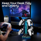 Saitake RGB Headset Stand with 9 Light Modes,Controller Holder for Desk with 2 USB Charging Ports,Suitable for All Headphones and Controllers,Can Simultaneously Place 1 Headset and 4 Controllers