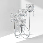 4 Arms Crystal Candelabra Tealight Holder - Tall 15.7 Inch Elegant Centerpiece with Crystal Pendant Bowls & Artistic Metal Stand for Wedding, Dining Table, Home Decor (1, Silver)