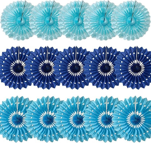 15pcs Blue Tissue Paper Fans Set - 10'' 12'' 14'' Round Honeycomb Fans for Party, Birthday, Wedding Events