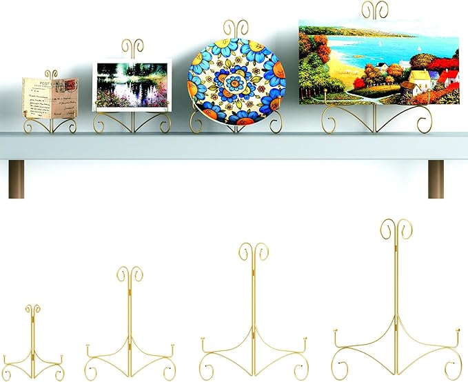 Plate Display Stands with Hinged Folding Design, 8 Inch Picture Frame Stand for Tables, Decorative Easels for Plates, Photos, Cards and Books, 8’’ Gold