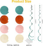 36 Pcs Boho Hanging Swirl Decorations Aqua Green Orange Pink Beige Felt Swirl Streamer Spiral Ceiling Garland for Birthday Engagement Baby Shower Wedding Bridal Shower Party Supplies Nursery Decor