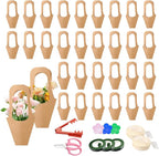 50Pcs 16.5" Kraft Paper Bouquet Bags with Handle, Florist Gift Wrapping Supplies Kit Includes Decorative Lace Ribbon, Floral Tape, Shears for Flower Arranging, Wedding, Party Decor
