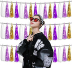 3P Metallic Fringe Tassel Banner Garland Foil Tinsel Streamer Wall Hanging Curtain Backdrop Banner for Parade Floats, Graduation, Carnival Mardi Gras Party Decorations(Gold Purple)