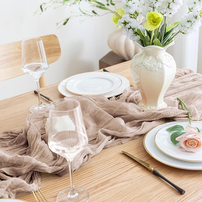 Asee'm 12pcs Cheesecloth Table Runner 120 Inches Long Nude Pink Boho Gauze Cheese Cloth Runner 10FT Rustic Sheer Table Runners for Christmas Wedding Party Baby Shower Spring Easter Decoration