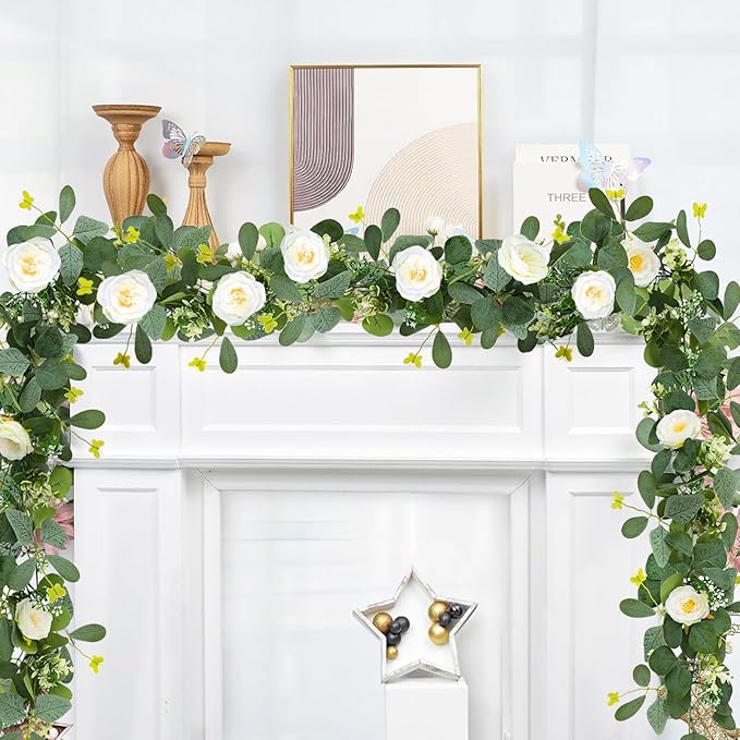 ASTRYAS 2 Pack 6.23Ft Artificial Eucalyptus Garland with Flowers, Fake Rose Garland Greenery Garlands Floral Vines for Wedding Spring Home Party Craft Art Table Runner Decor(White)