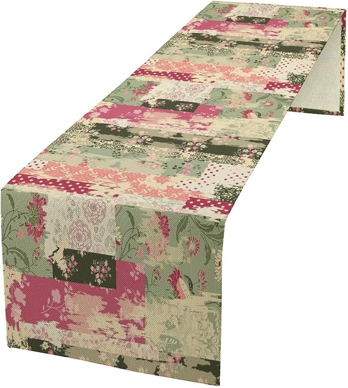 Patchwork Flower Table Runner,Abstract Colorful Floral Retro Style Hand Drawn Tablecloth Burlap for Hotel Indoors Outdoor Dining Room Kitchen Home Decor,W13X L80 in