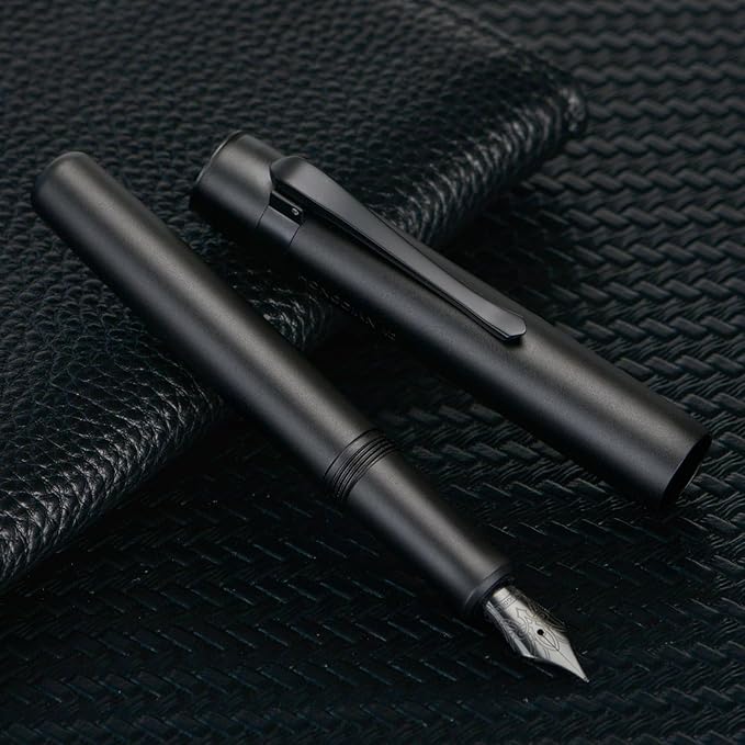 Hongdian M2 Black Forest Mini Fountain Pen, Fine Soft Nib & Sleek Shape Aluminium Short Pocket Travel Pen (Matte Black)