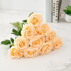 Artificial Rose 10pcs Open Flower Bouquet Faux Rose Stems for Wedding Arrangement, Bridal Bouquet, Centerpiece, Fake Faux Silk Flowers (Champagne)