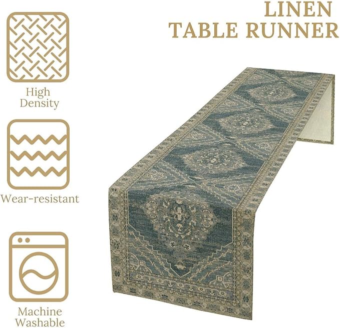 Boho Floral Vintage Table Runner, Blue Teal Retro Flower Rustic Country Farmhouse Pattern for Home Kitchen Table Decor Dining Coffee Room Party Decor 13x60in